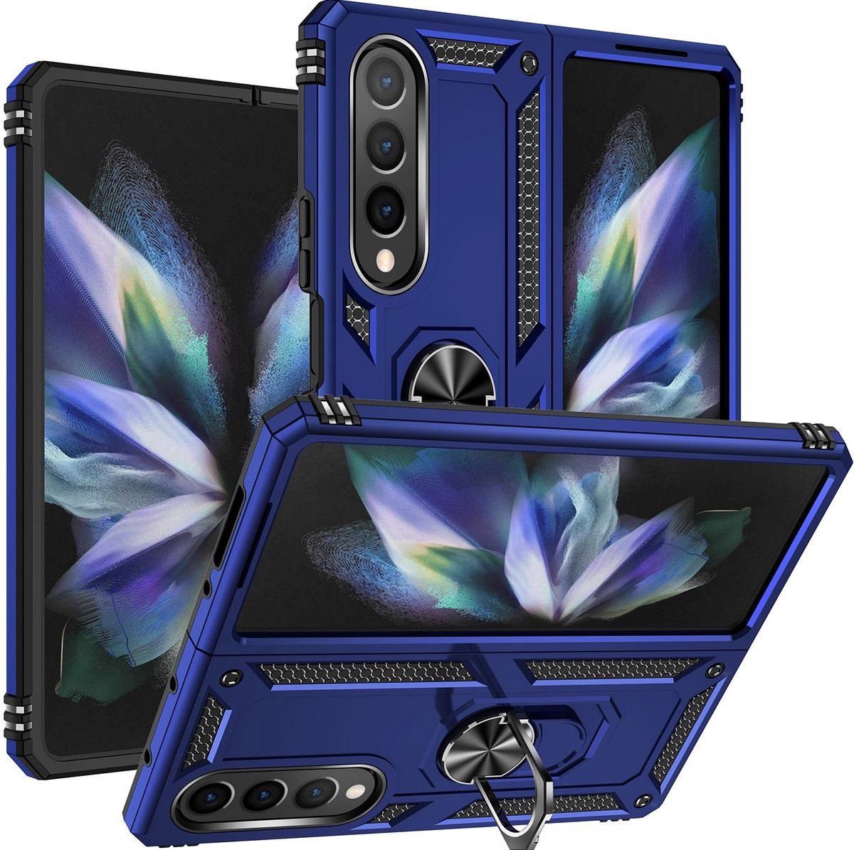 Mobigear Hoesje geschikt voor Samsung Galaxy Z Fold 4 Telefoonhoesje Hardcase | Mobigear Armor Ring Backcover Shockproof met Ringhouder | Schokbestendig Galaxy Z Fold 4 Telefoonhoesje | Anti Shock Proof - Blauw