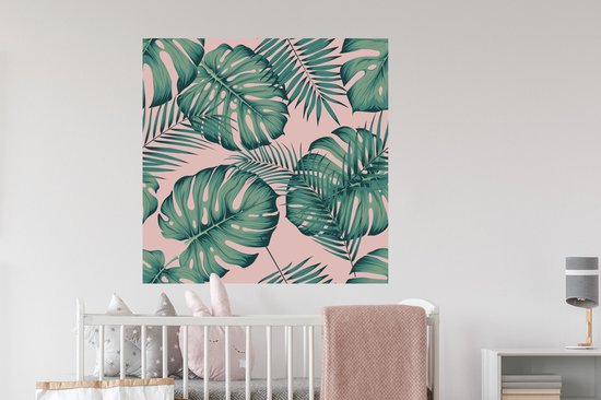 Muurstickers - Sticker Folie - Bladeren - Roze - Patroon - Meisjes - Kinderen - Groen - Kindje - 100x100 cm - Plakfolie - Muurstickers Kinderkamer - Zelfklevend Behang XXL - Zelfklevend behangpapier - Stickerfolie