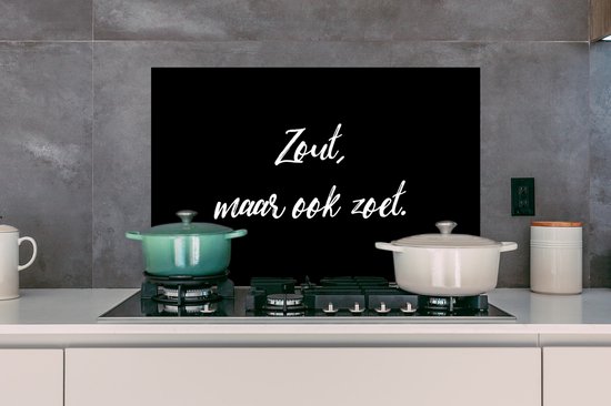 Spatscherm keuken 80x55 cm - Kookplaat achterwand Quotes - Spreuken - Zout, maar ook zoet - Koken - Muurbeschermer - Spatwand fornuis - Hoogwaardig aluminium