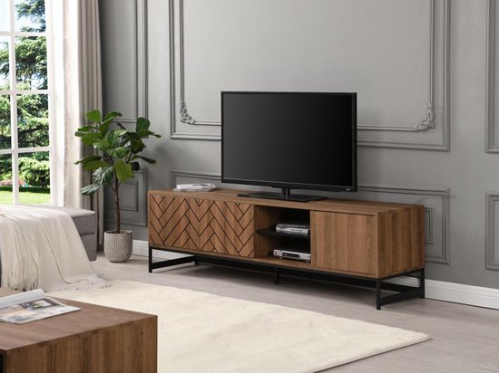 Tv-meubel met 3 deuren en 2 nissen - Mdf - Naturel en zwart - CARATANA L 180 cm x H 50 cm x D 40 cm