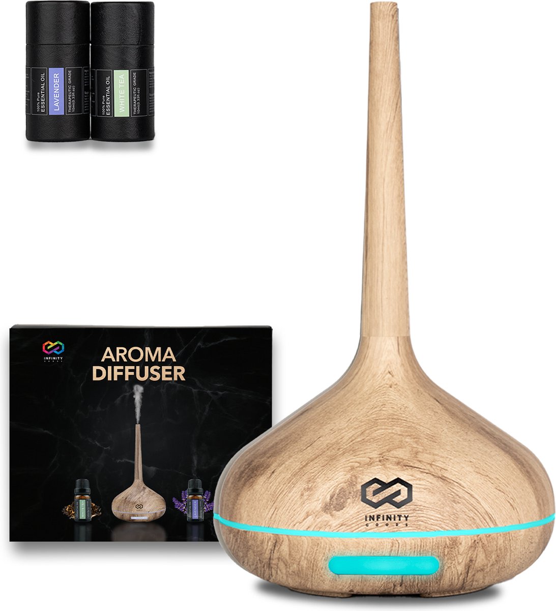 Infinity Goods Aroma Diffuser Incl. 2x 10ml Pure Etherische Olie - Luchtbevochtiger - Verdamper - 10 LED kleuren - Aromatherapie - Geurverspreider - Hout Bruin