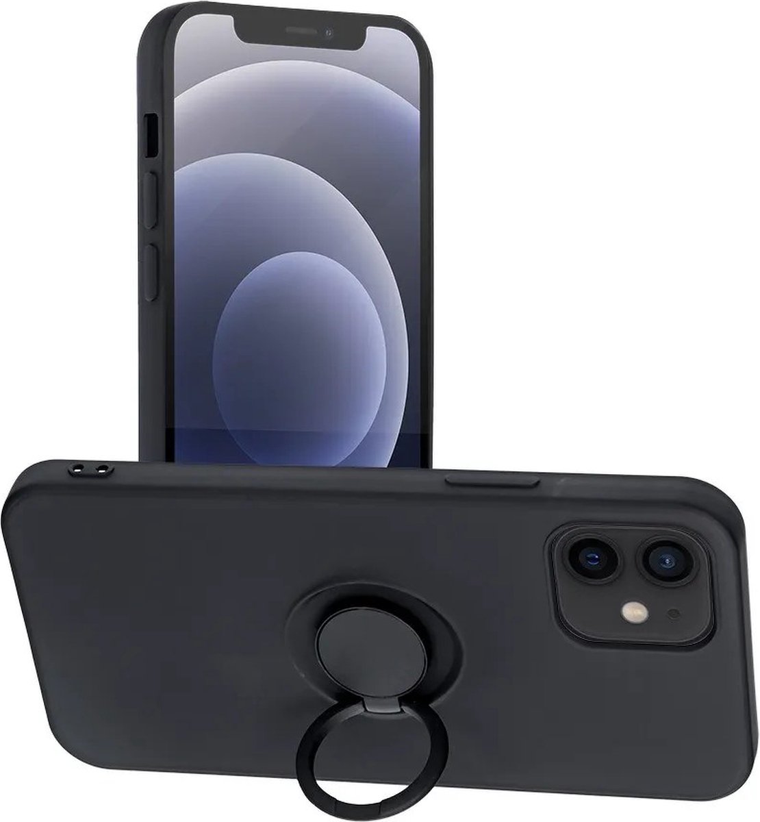 Siliconen Back Cover hoesje met Ring iPhone 12 / 12 Pro - Zwart