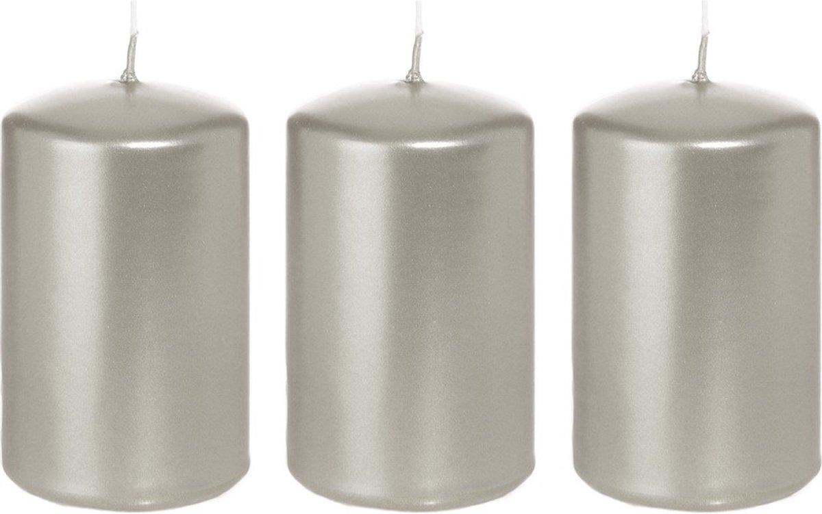 Trend Candles Cilinderkaars/stompkaars - 3x - zilver - 5 x 8 cm - 18 branduren - horeca kaarsen