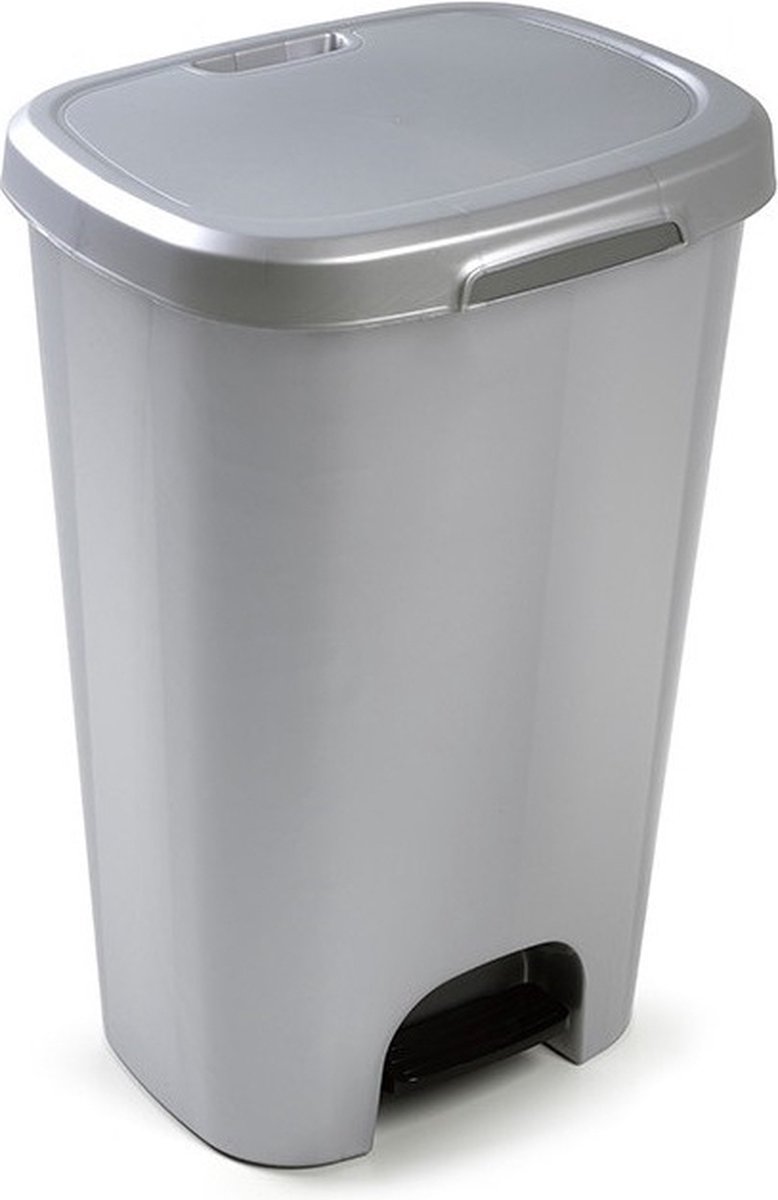 1x Kunststof afvalemmers/vuilnisemmers zilver 50 liter met deksel en pedaal - Vuilnisemmers/vuilnisbakken/prullenbakken - Kantoor/keuken prullenbakken
