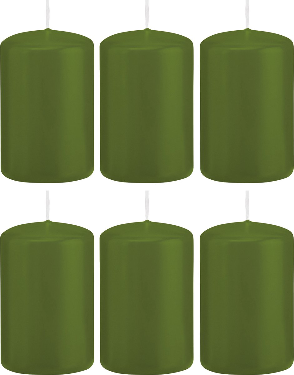 Trend Candles Cilinderkaars/stompkaars - 6x - olijfgroen - 5 x 8 cm - 18 branduren - met brandvertragende folie