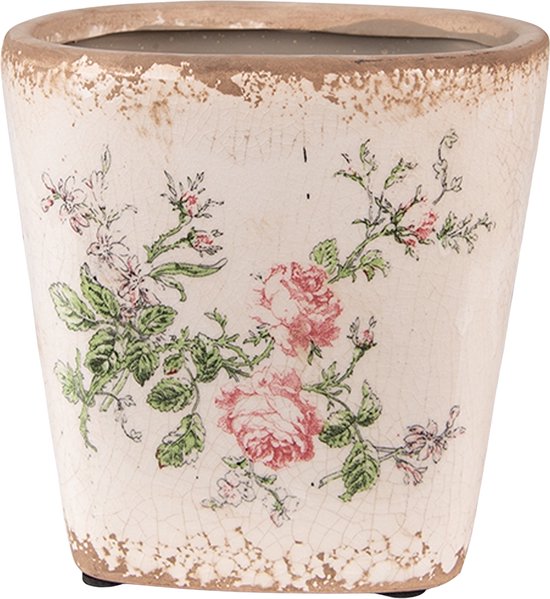 Clayre & Eef Bloempot 13x13x12 cm Roze Beige Keramiek Vierkant Bloemen Bloempot binnen