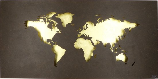 Design LED Wereldkaart wanddecoratie met verlichting - 60 x 30 cm - Bruin goud metaal
