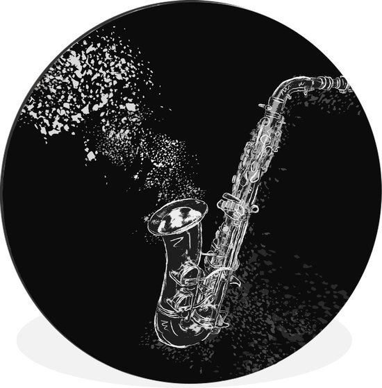 WallCircle - Wandcirkel - Muurcirkel - Illustratie van een saxofoon - zwart wit - Aluminium - Dibond - ⌀ 30 cm - Binnen en Buiten