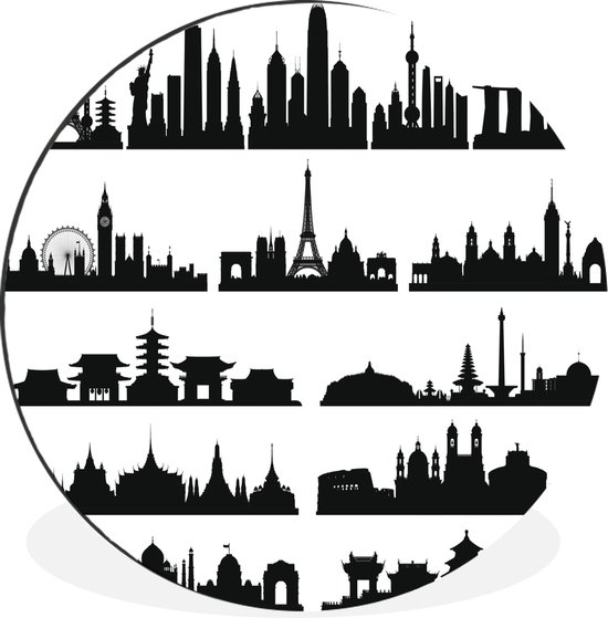 WallCircle - Wandcirkel - Muurcirkel - Zwart-wit illustratie van de skyline van steden met bezienswaardigheden - Aluminium - Dibond - ⌀ 140 cm - Binnen en Buiten