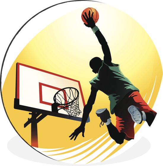 WallCircle - Wandcirkel - Muurcirkel - Een basketbalspeler dunkt vanaf de zijkant in een illustratie - Aluminium - Dibond - ⌀ 60 cm - Binnen en Buiten