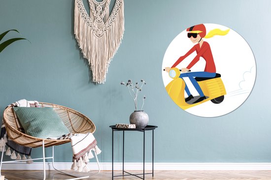 Illustration d'une fille sur un mur jaune Vespa cercle aluminium ⌀ 90 cm - tirage photo sur cercle mural / cercle vivant / cercle jardin (décoration murale)