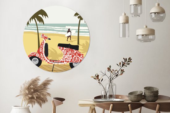 Illustration d'une Vespa rouge sur la plage Cercle mural aluminium ⌀ 140 cm