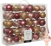 Boules de Boules de Noël Decoris - 60 pcs - matière synthétique 6-7 cm - avec visière brillante - rose-marron