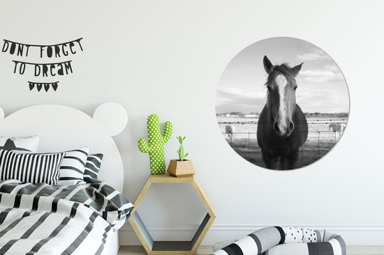 Cheval derrière un fil de fer barbelé (noir et blanc) Cercle mural aluminium ⌀ 90 cm - Tirage photo sur cercle mural / cercle vivant / cercle de jardin (décoration murale)