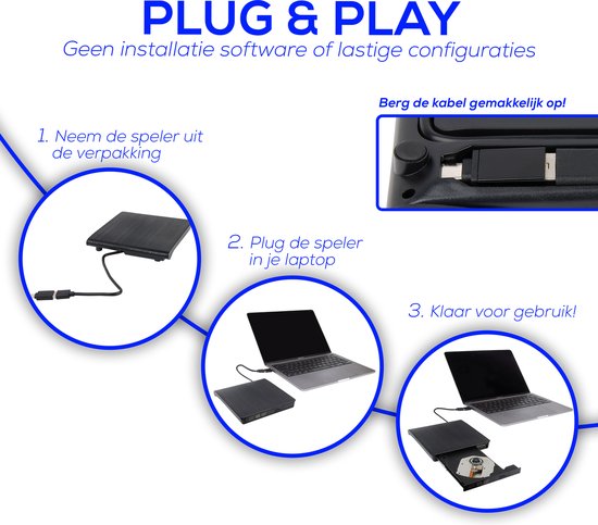 Externe DVD speler &  Brander - Highspeed DVD speler en CD speler voor Windows, Linux & Mac – USB C & USB 3.0 - Plug & Play - Zwart - GoodBuy