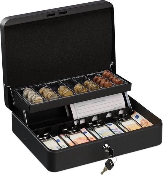 geldkistje met slot - met sleutel - ijzer - 8,5 x 30,5 x 24,5 cm - geldkluis - zwart