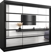 InspireMe - Kledingkast met 3 schuifdeuren, Modern-stijl, Een kledingkast met planken en een spiegel (BxHxD): 250x200x62 - VENEZIA II 250 Zwart Mat mat 4 lades