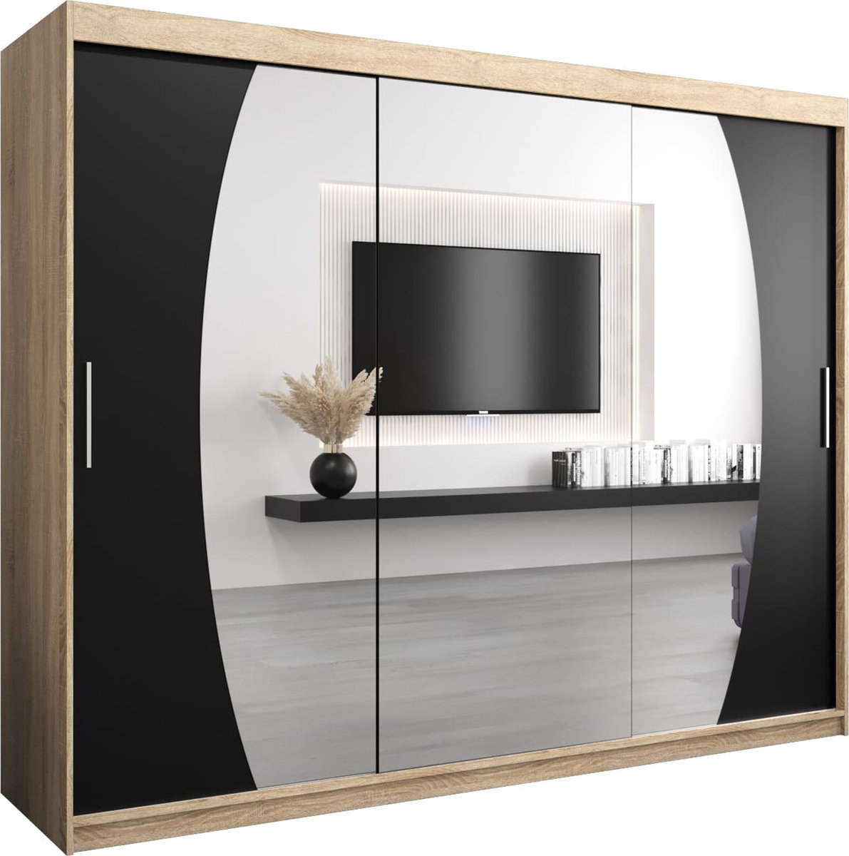 InspireME Kledingkast met 3 schuifdeuren, Modern-stijl, Een kledingkast met planken en een spiegel (BxHxD): 250x200x62 - GLOBE 250 Sonoma Eik + Zwart Mat mat 4 lades