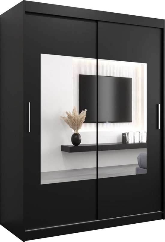 InspireMe – Kledingkast met 2 schuifdeuren, Modern-stijl, Een kledingkast met planken en een spiegel (BxHxD): 150x200x62 – TRINA 150 Zwart Mat met…