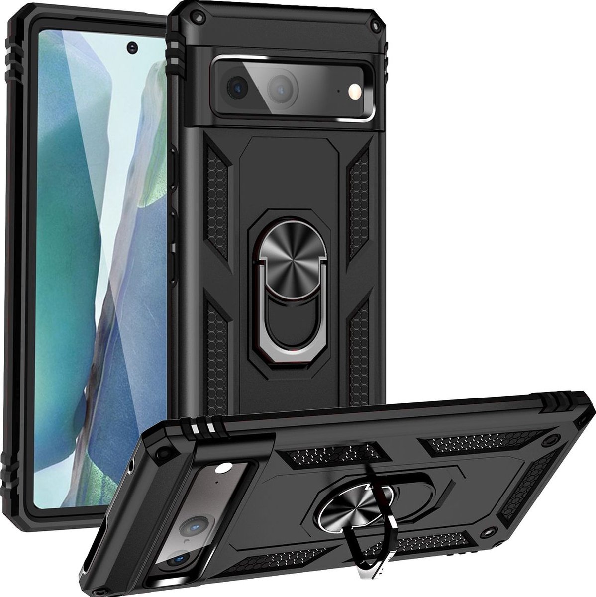 Mobigear Hoesje geschikt voor Google Pixel 7 Telefoonhoesje Hardcase | Mobigear Armor Ring Backcover Shockproof met Ringhouder | Schokbestendig Pixel 7 Telefoonhoesje | Anti Shock Proof - Zwart