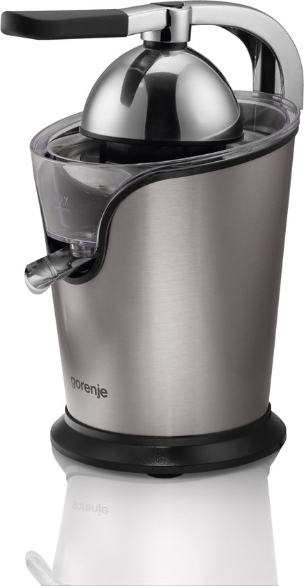 Gorenje citruspers van geborsteld staal met transparante kan en zwarte hendel.