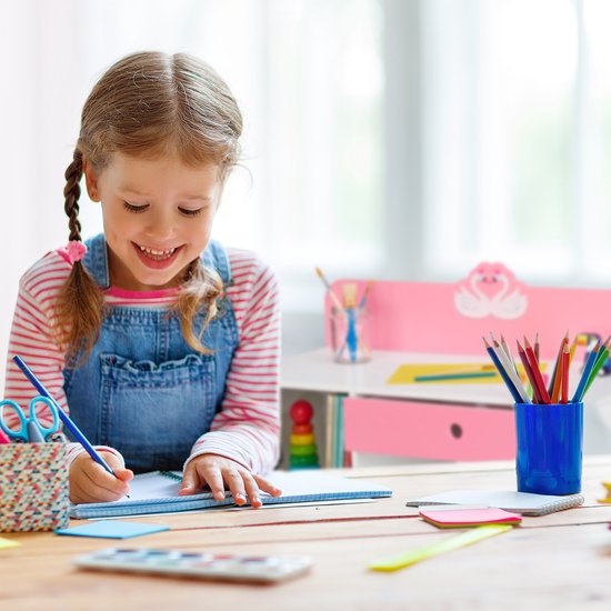 kinderbureau en stoel - lade - met opbergruimte - zwaan - kindertafel - roze-wit
