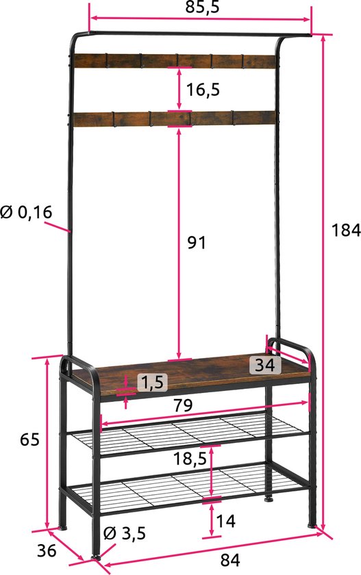 tectake - porte-manteau Alberta armoire - brun foncé industriel - 404535