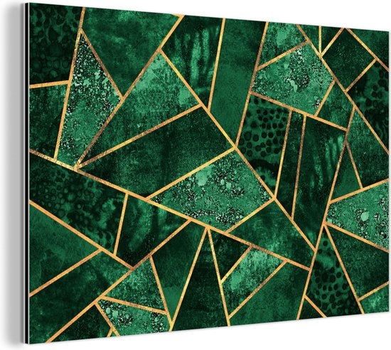 Wanddecoratie Metaal - Aluminium Schilderij Industrieel - Smaragd - Goud - Abstract - Patronen - 90x60 cm - Dibond - Foto op aluminium - Industriële muurdecoratie - Voor de woonkamer/slaapkamer