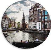 WallClassics - Dibond Muurcirkel - Bootjes door de Grachten van Amsterdam - 40x40 cm Foto op Aluminium Muurcirkel (met ophangsysteem)