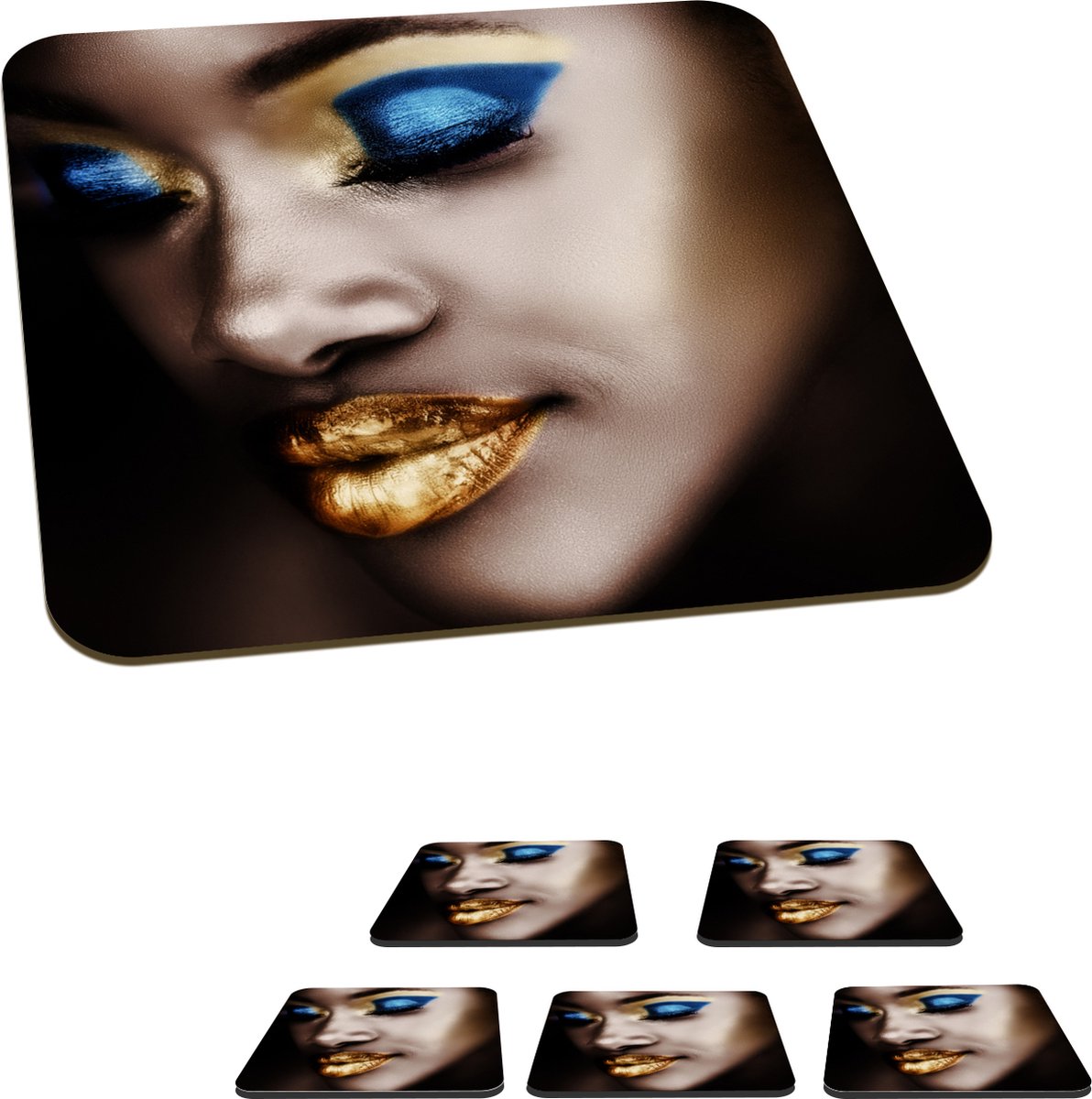Onderzetters voor glazen - Vrouw - Goud - Lippenstift - 10x10 cm - Glasonderzetters - 6 stuks