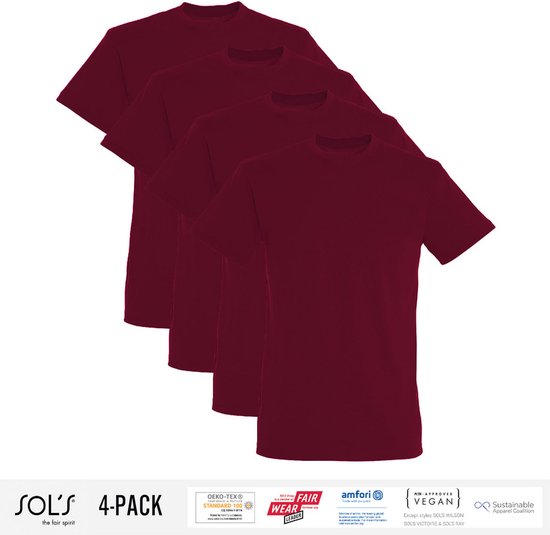 4 Pack Sol's Heren T-Shirt 100% biologisch katoen Ronde hals Burgundy Maat 4XL