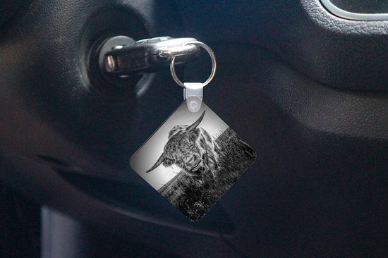 Porte-clés Scottish Highlanders - Close-up Scottish Highlander en plastique noir et blanc porte-clés - porte-clés carré avec photo