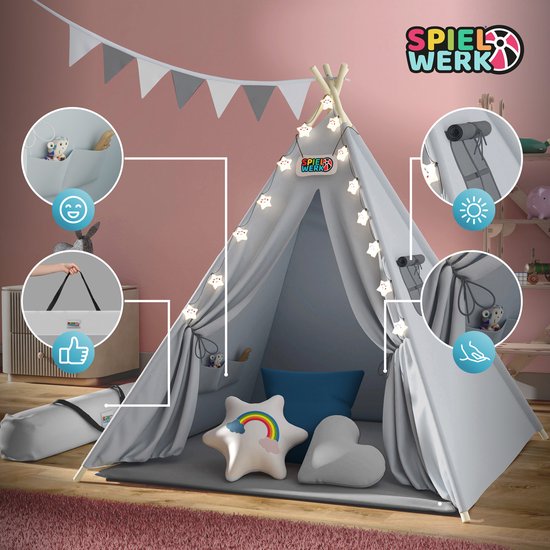 Spielwerk Speeltent – LED 3 Kussens 130x130x160cm - Grijs