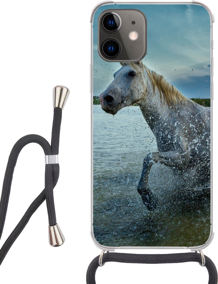 Telefoonhoesje Geschikt voor iPhone 12 - Paard - Water - Druppel - Siliconen - Crossbody - Backcover met Koord - Telefoonhoesje met koord - Hoesje met touw Telefoonhoesje