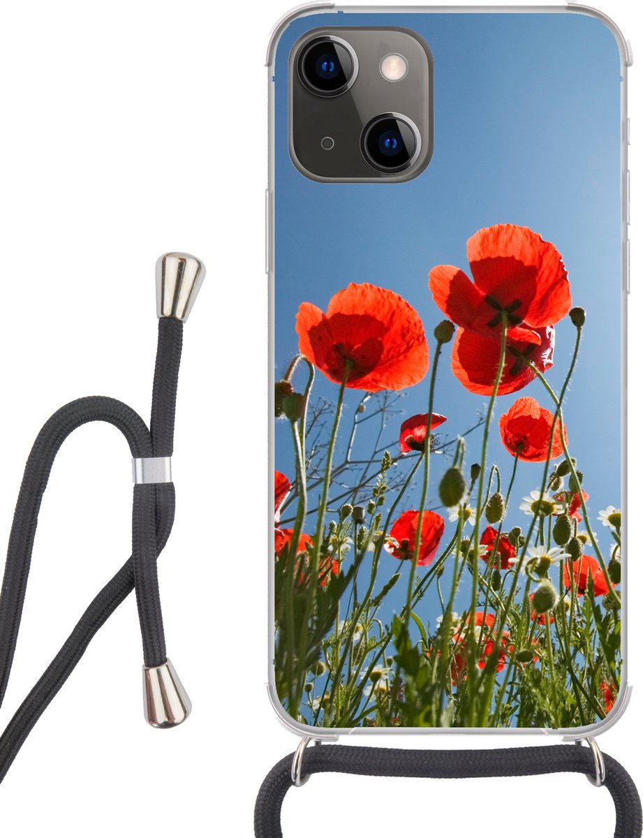 Telefoonhoesje Geschikt voor iPhone 13 Mini - Felle zon boven een aantal klaprozen in Spanje - Siliconen - Crossbody - Backcover met Koord - Telefoonhoesje met koord - Hoesje met touw Telefoonhoesje