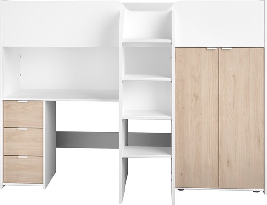 Lit mi-hauteur Neda 90x200cm - blanc/décor de chêne - Parisot - Lits d'enfant avec barrière - Blanc|Brun - Panneaux de particules - Lits d'enfant avec barrière