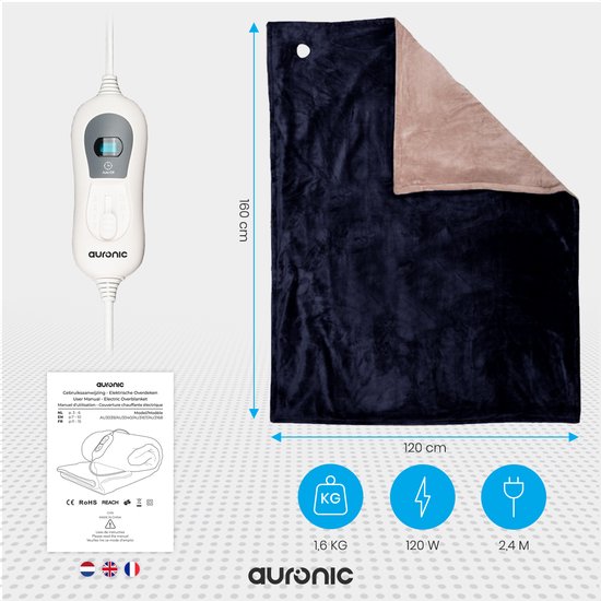 Auronic Elektrische Deken - 160 x 120 cm - 1 Persoons Warmtedeken - 3 Warmtestanden met Timer - Verwarmingsdeken - Nachtblauw