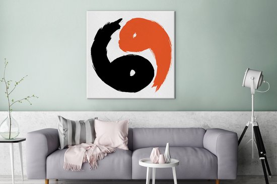 Une illustration du logo Yin et Yang en toile de couleur noir et orange 90x90 cm - Tirage photo sur toile (Décoration murale salon / chambre)
