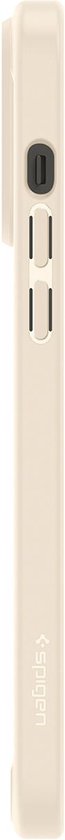 Vue latérale d'une coque Spigen beige pour iPhone 14 Pro Max avec le logo Spigen.