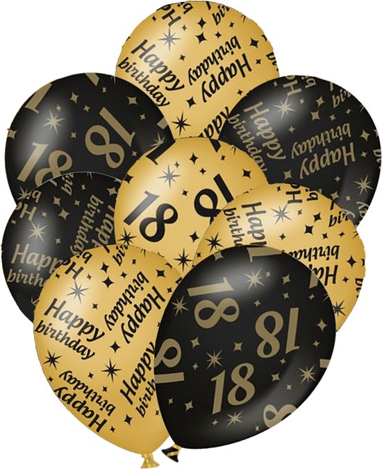Verjaardag ballonnen - 18 jaar en happy birthday 12x stuks zwart/goud