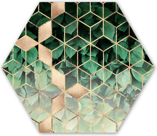 Hexagon wanddecoratie - Kunststof Wanddecoratie - Hexagon Schilderij - Bladeren - Goud - Patronen - Kubus - Luxe - 120x103 cm