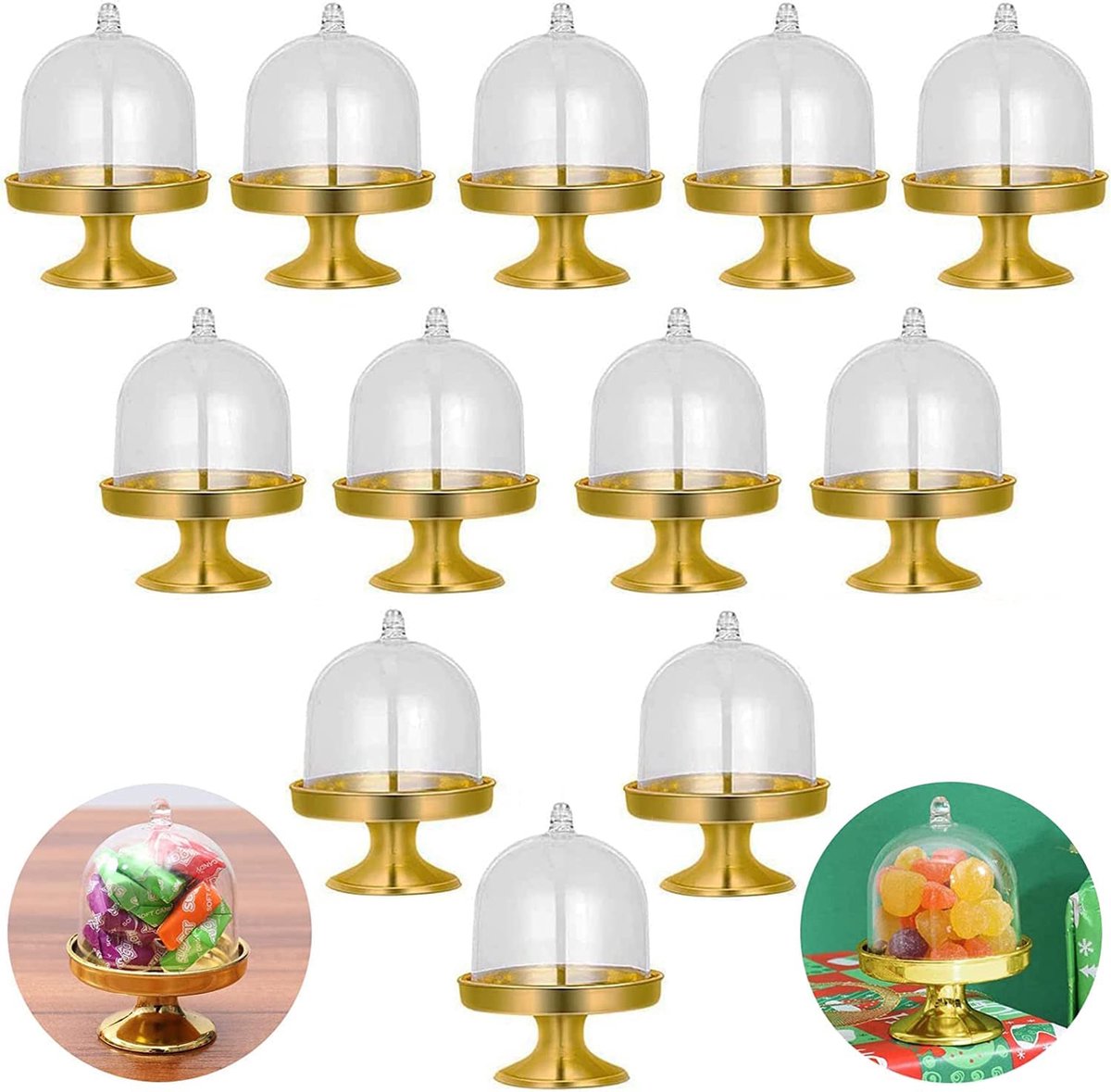 Inheming 12 Mini Présentoirs à Gâteaux Plastique Avec Couvercle Dôme - Or Transparent