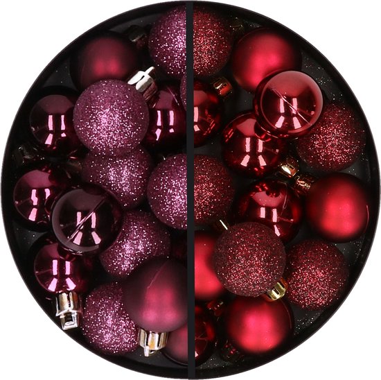 Boules de Noël 34x st - 3 cm - violet aubergine et rouge foncé - synthétique