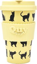 Quy Cup Gobelet de voyage écologique 400 ml - Bobi - Cat noir - Sans BPA - Fabriqué à partir de Bouteilles en PET recyclées avec couvercle en Siliconen jaune