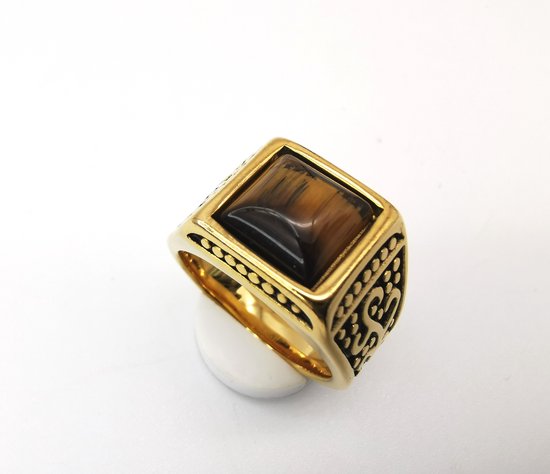 RVS Edelsteen Tijgeroog goudkleurig Ring. Maat 22. Vierkant ringen met zwarte/goud patronen aan de zijkant. Beschermsteen. geweldige ring zelf te dragen of iemand cadeau te geven.
