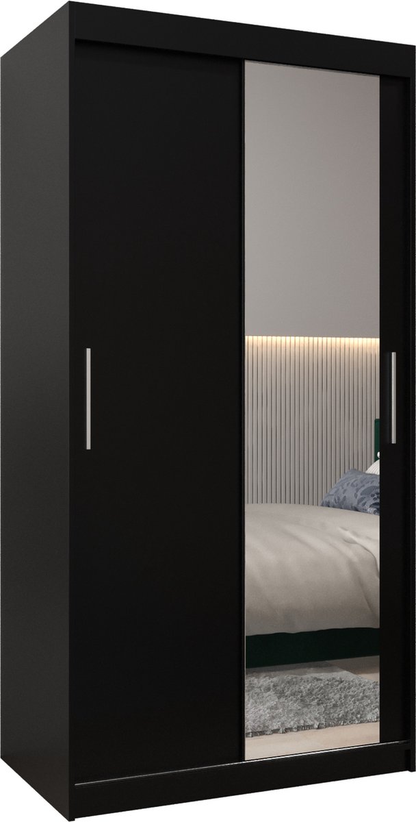 InspireME Kledingkast met 2 schuifdeuren, Modern-stijl, Kledingkast met planken (BxHxD): 100x200x62 - TORM II 100 Zwart Mat met 2 lades