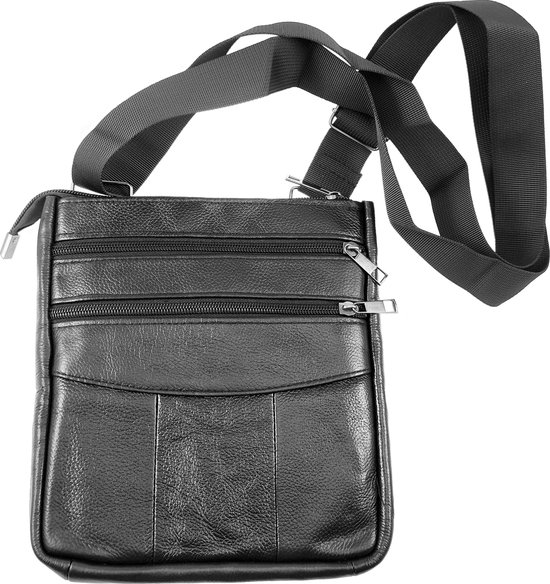 Zwart Schoudertas - Echt Leer - Leren Crossbody Tas Unisex - Volwassenen Tas - Platte Tas Dames - Heren