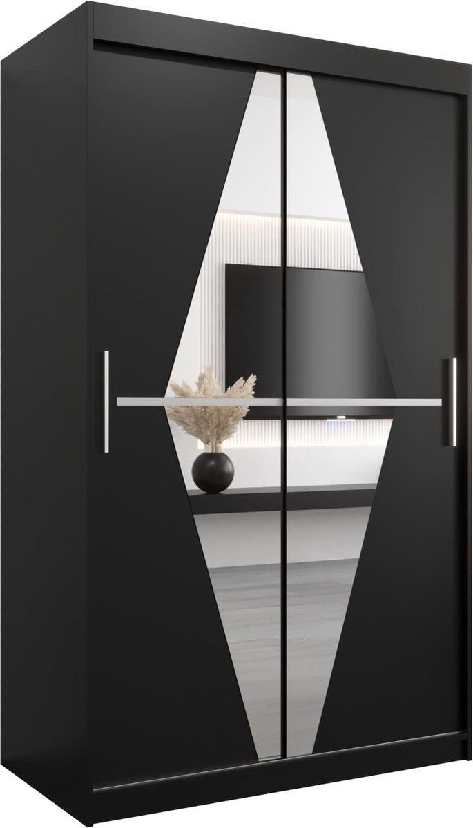InspireME Kledingkast met 2 schuifdeuren, Modern-stijl, Een kledingkast met planken en een spiegel (BxHxD): 120x200x62 - BOLA 120 Zwart Mat met 2 lades