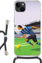 Geschikt voorApple Iphone 14 Plus - Crossbody Case - Een illustratie van spelers die voetballen in een stadion - Jongetje - Meisjes - Kinderen - Siliconen - Crossbody - Backcover met Koord - Telefoonhoesje met koord - Hoesje met touw