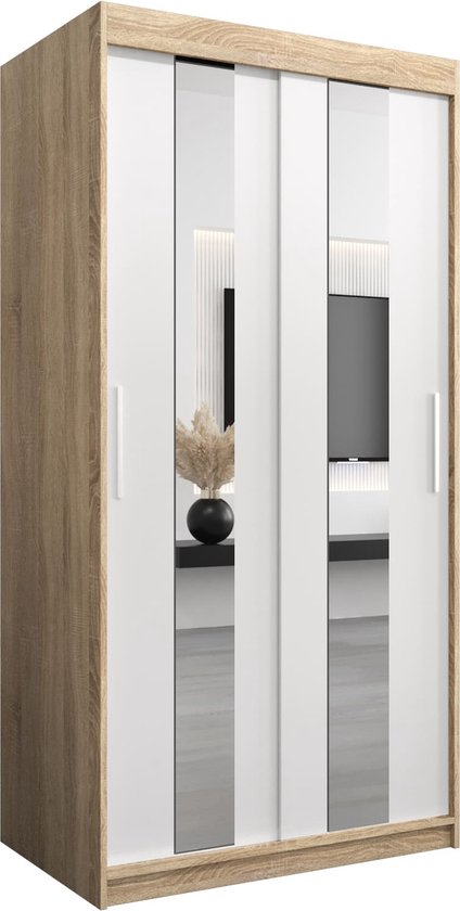 InspireMe - Kledingkast met 2 schuifdeuren, Modern-stijl, Een kledingkast met planken en een spiegel (BxHxD): 100x200x62 - DANCE 100 Sonoma Eik + Wit Mat met 2 lades